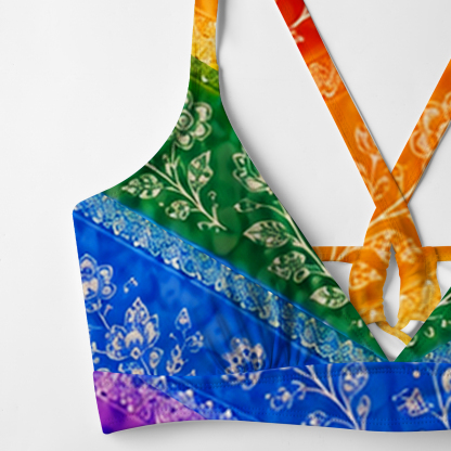 Purplehecate Rainbow Striped Sacred Heart Crisscross Tie-Back Bikini Set