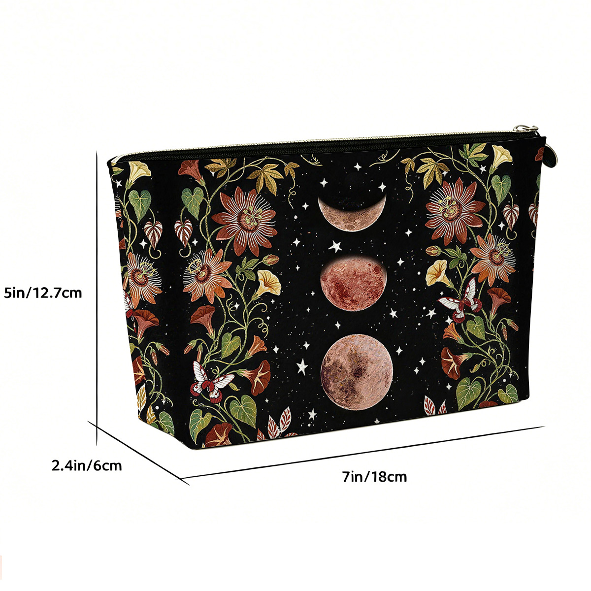 Purplehecate Moon Phase Floral Zip Makeup Bag
