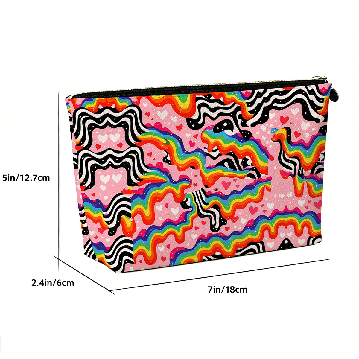 Purplehecate Groovy Melty Rainbow Hearts Wavy Zip Makeup Bag