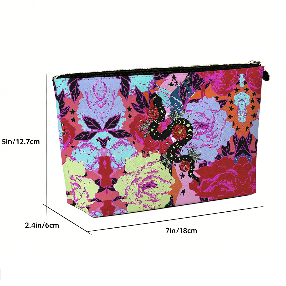 Purplehecate Enchanted Black Serpent & Floral Pattern Zip Makeup Bag
