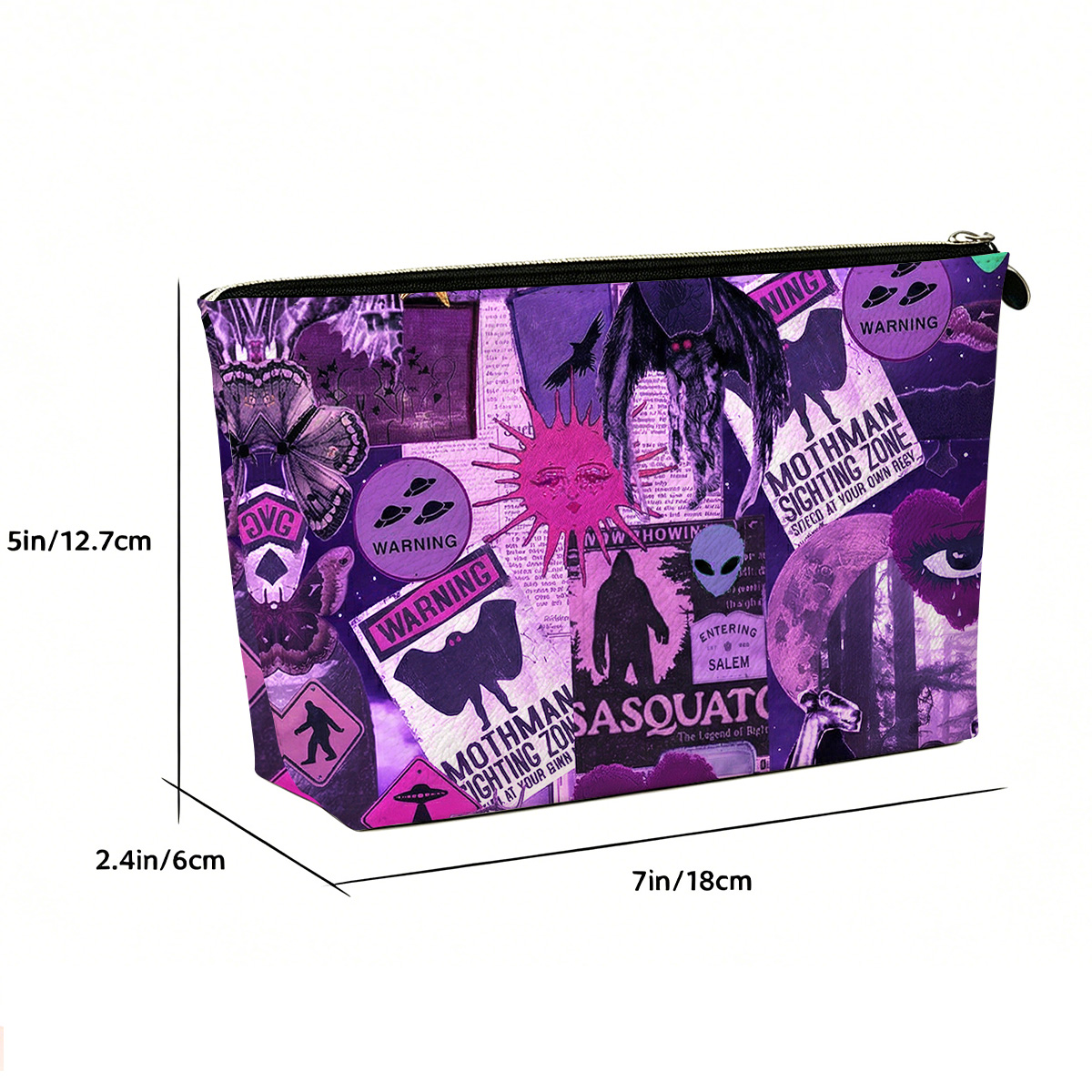 Purplehecate Cryptid Warning Collage Zip Makeup Bag