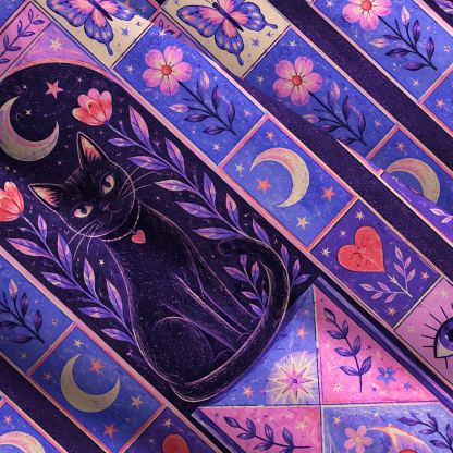 Purplehecate Sun Moon & Magic Cat Patchwork Wide Straps Maxi Dress