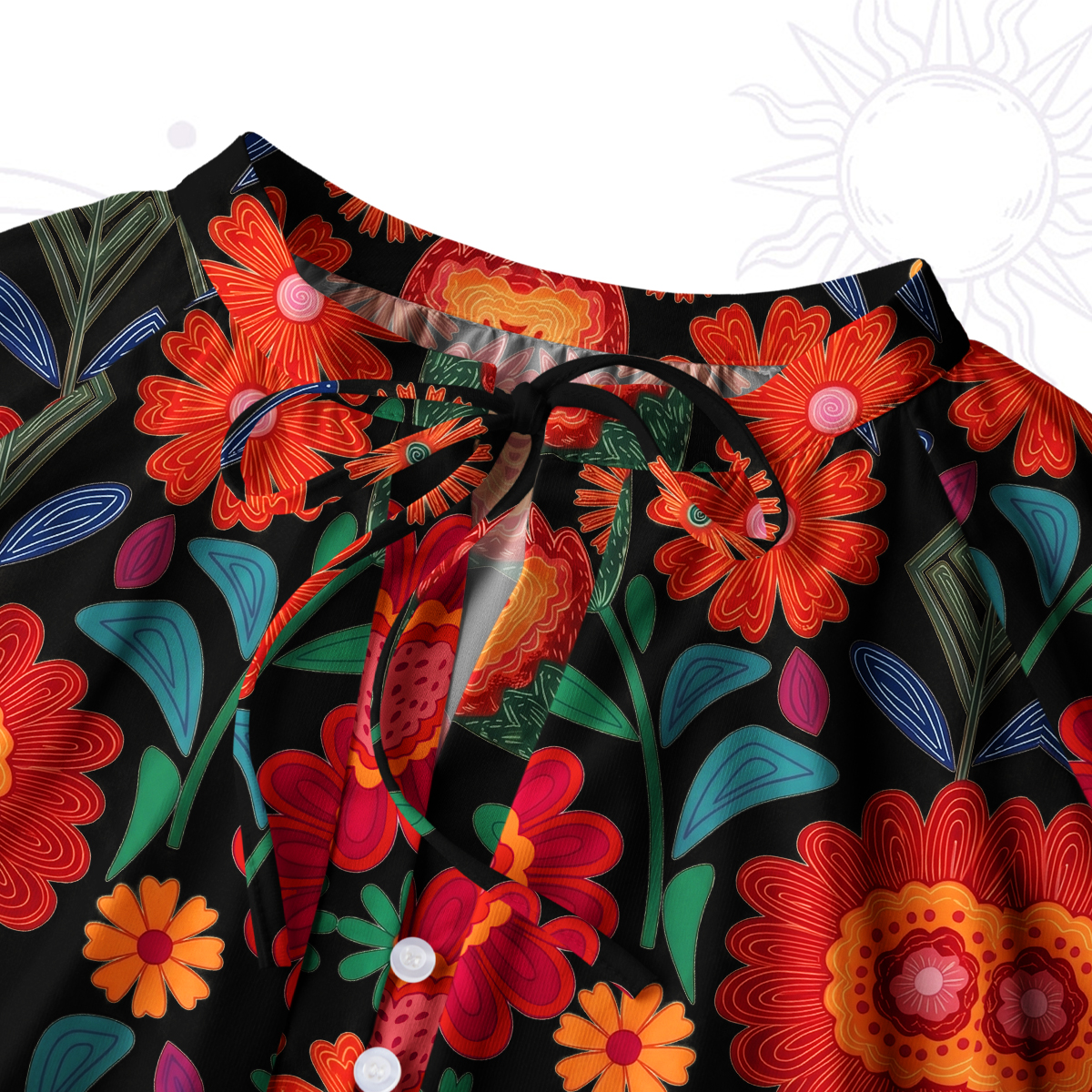 Purplehecate Retro Bloom Folk Floral Split Neck Tie Blouse