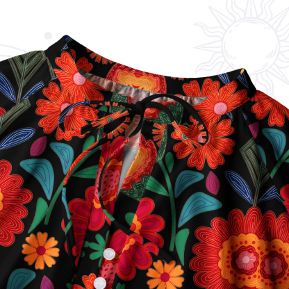 Purplehecate Retro Bloom Folk Floral Split Neck Tie Blouse