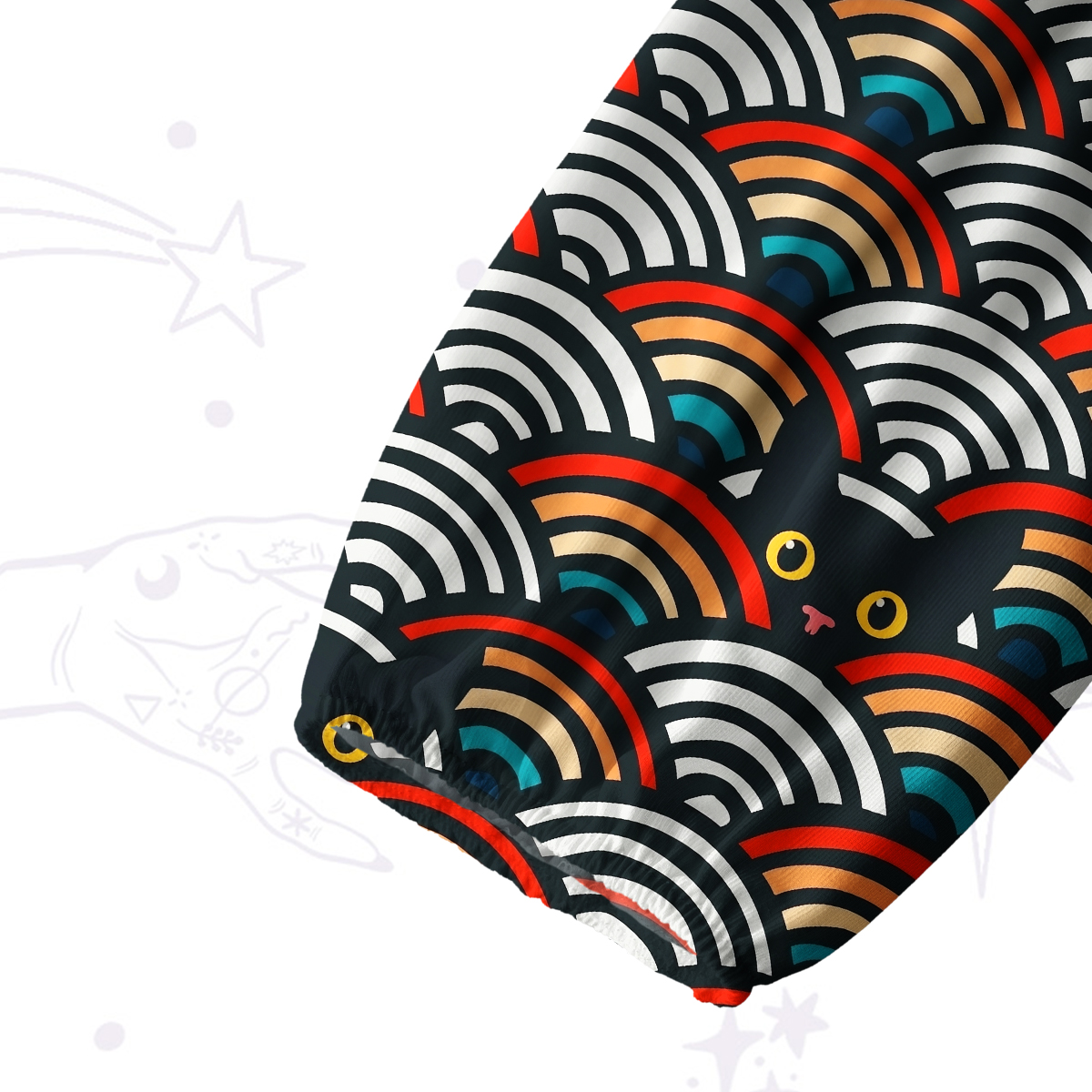Purplehecate Rainbow Black Cat Waves Split Neck Tie Blouse