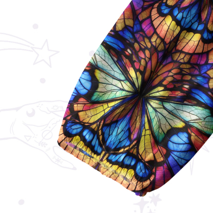 Purplehecate Colorful Butterfly Wing Pattern Split Neck Tie Blouse