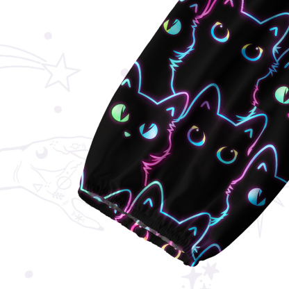 Purplehecate Neon Glow Stacked Cats Split Neck Tie Blouse