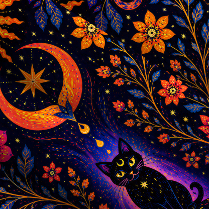 Purplehecate Solar Lunar Garden Black Cat Wide Straps Maxi Dress