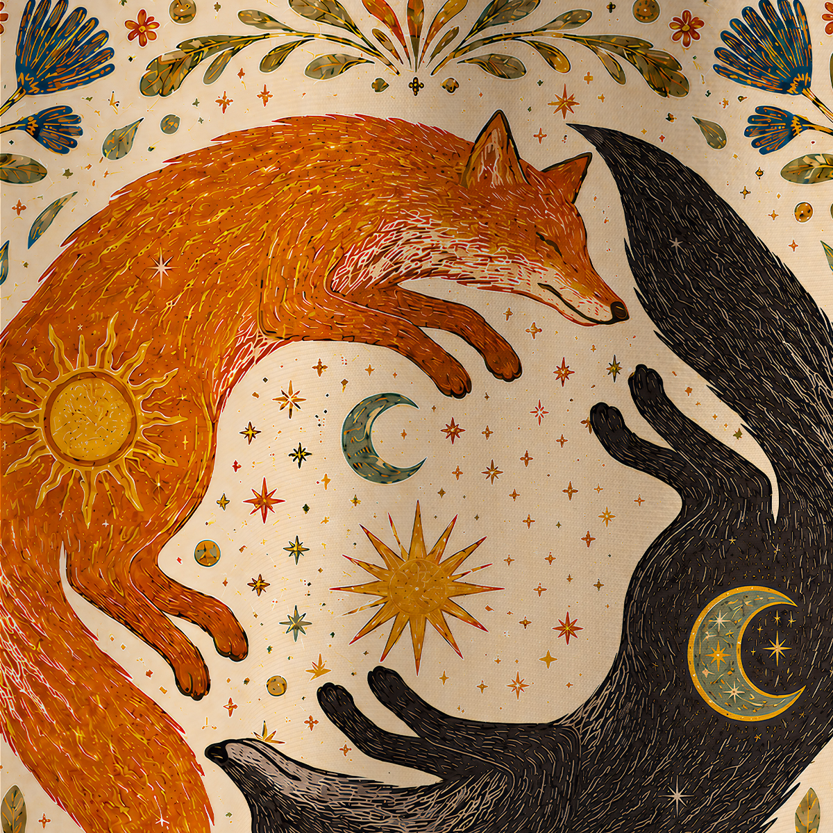 Purplehecate Twin Fox Cycle Totem All Over Print T-Shirt