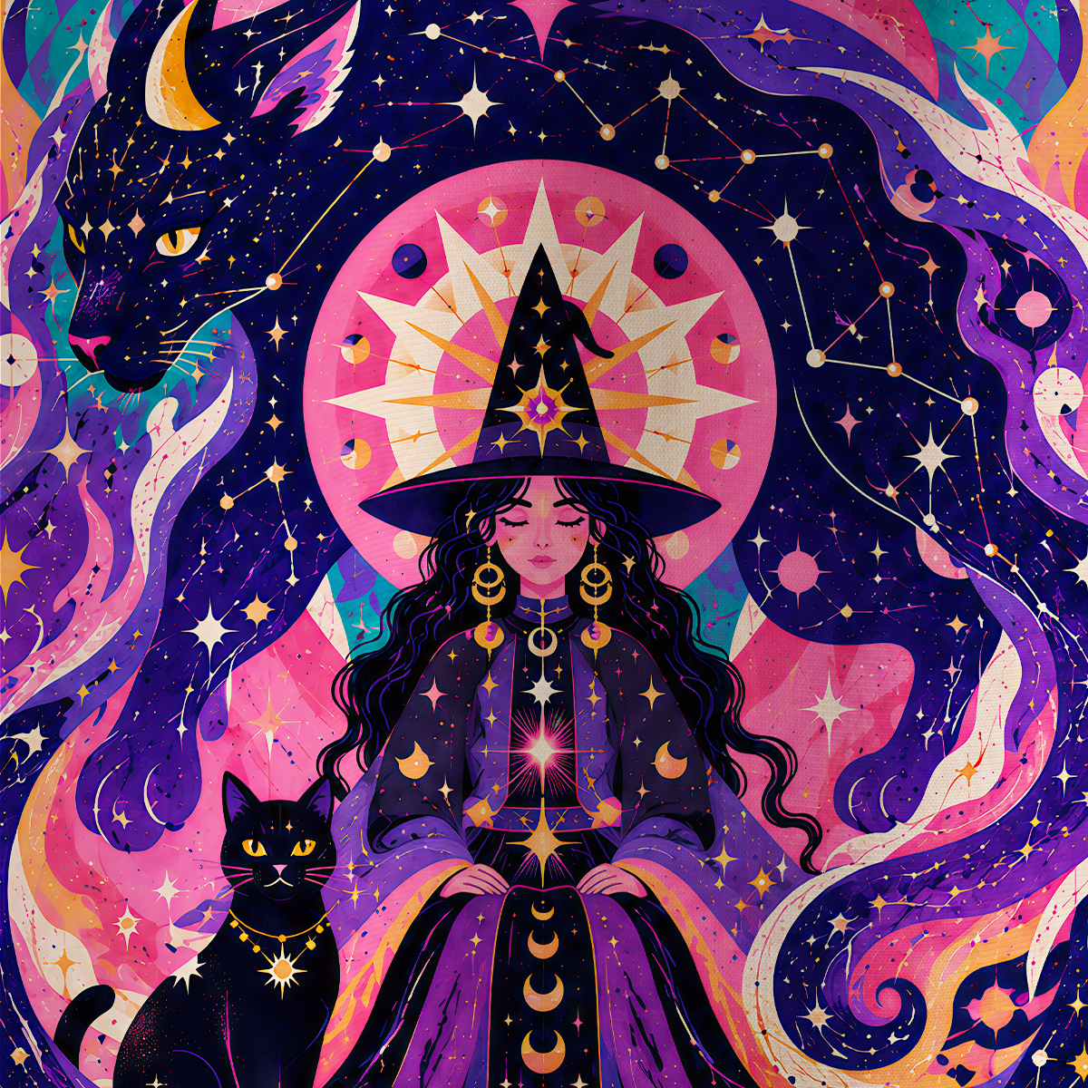 Purplehecate Psychedelic Wizard Night Moons Stars All Over Print T-Shirt