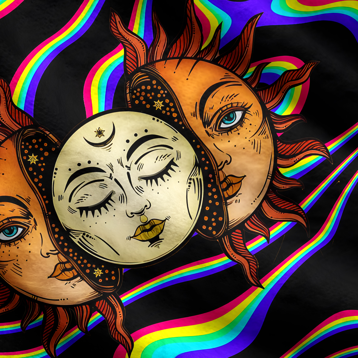 Purplehecate Psychedelic Sun and Moon Ugly Cardigan Sweaters