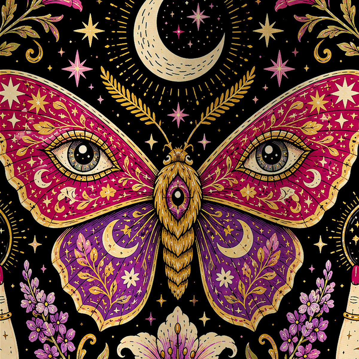 Purplehecate Mystic Moon Moth & Floral Magic All Over Print T-Shirt