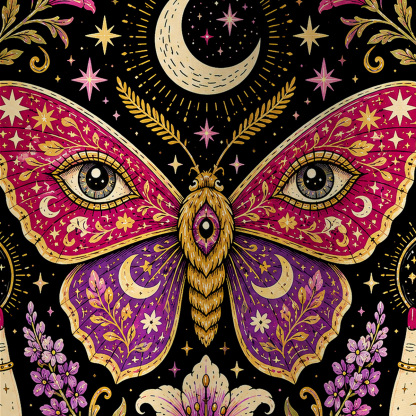 Purplehecate Mystic Moon Moth & Floral Magic All Over Print T-Shirt