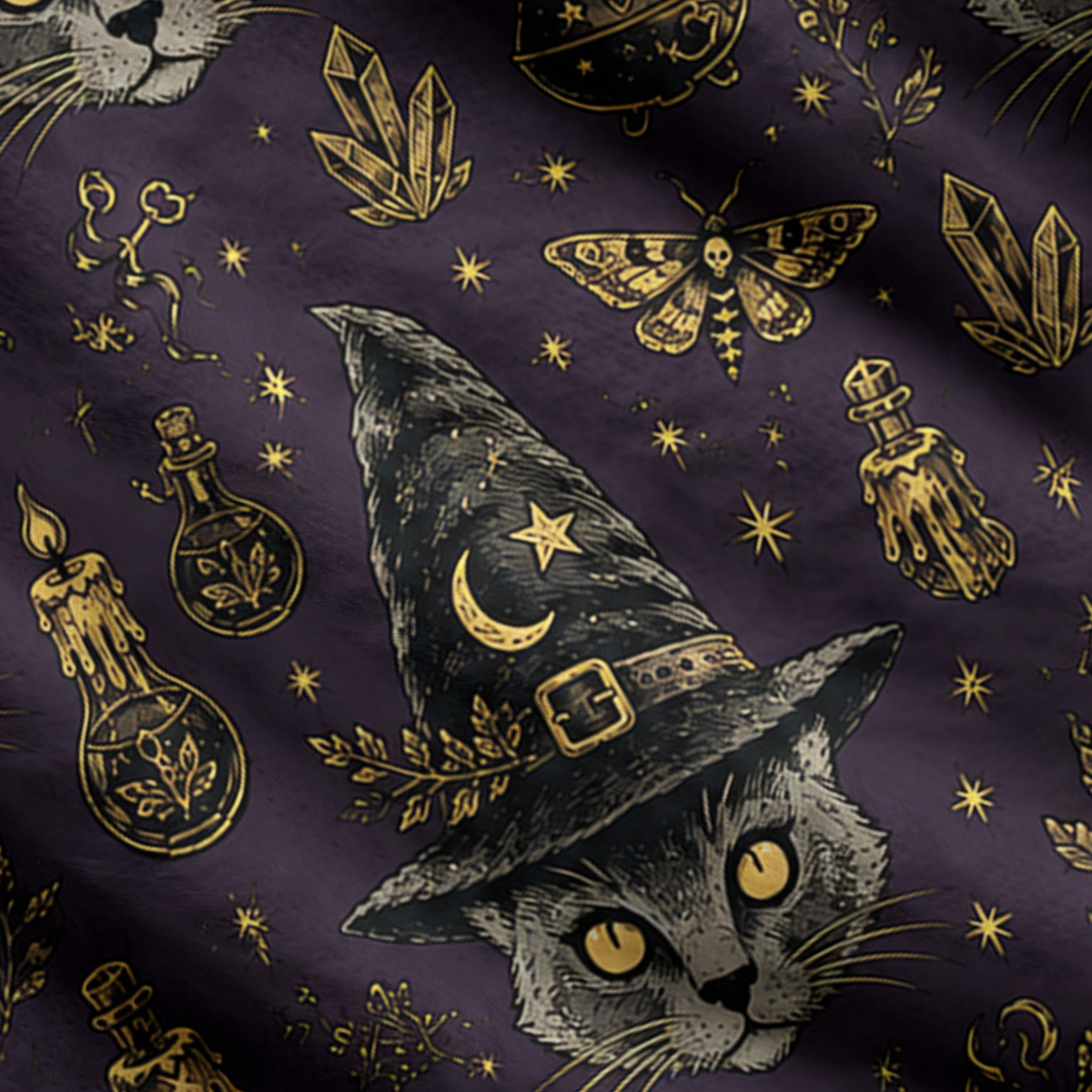 Purplehecate Witchy Grey Cat Print Halloween Ugly Cardigan Sweaters