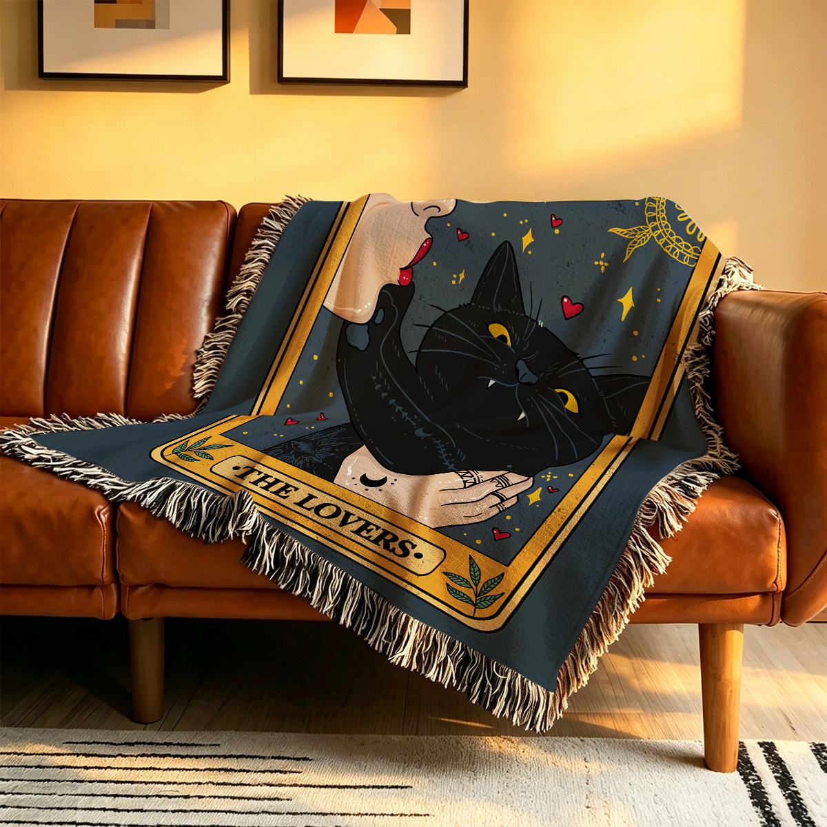 Purplehecate The Lovers Cat Tarot Woven Tapestry Blanket