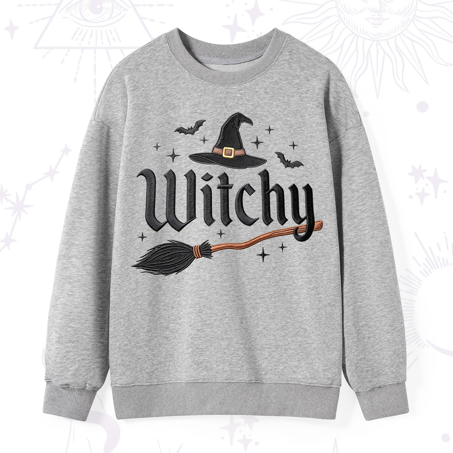 Purplehecate Bat and Broomstick Witch Embroidered Sweatshirt