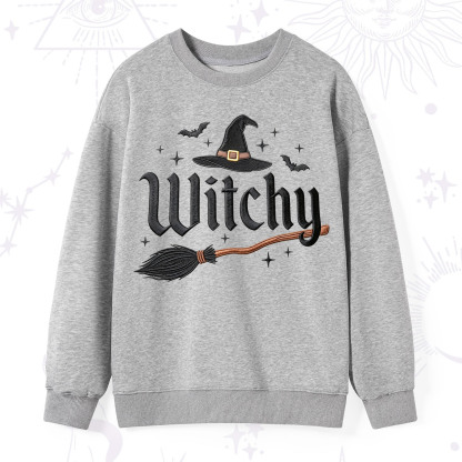 Purplehecate Bat and Broomstick Witch Embroidered Sweatshirt