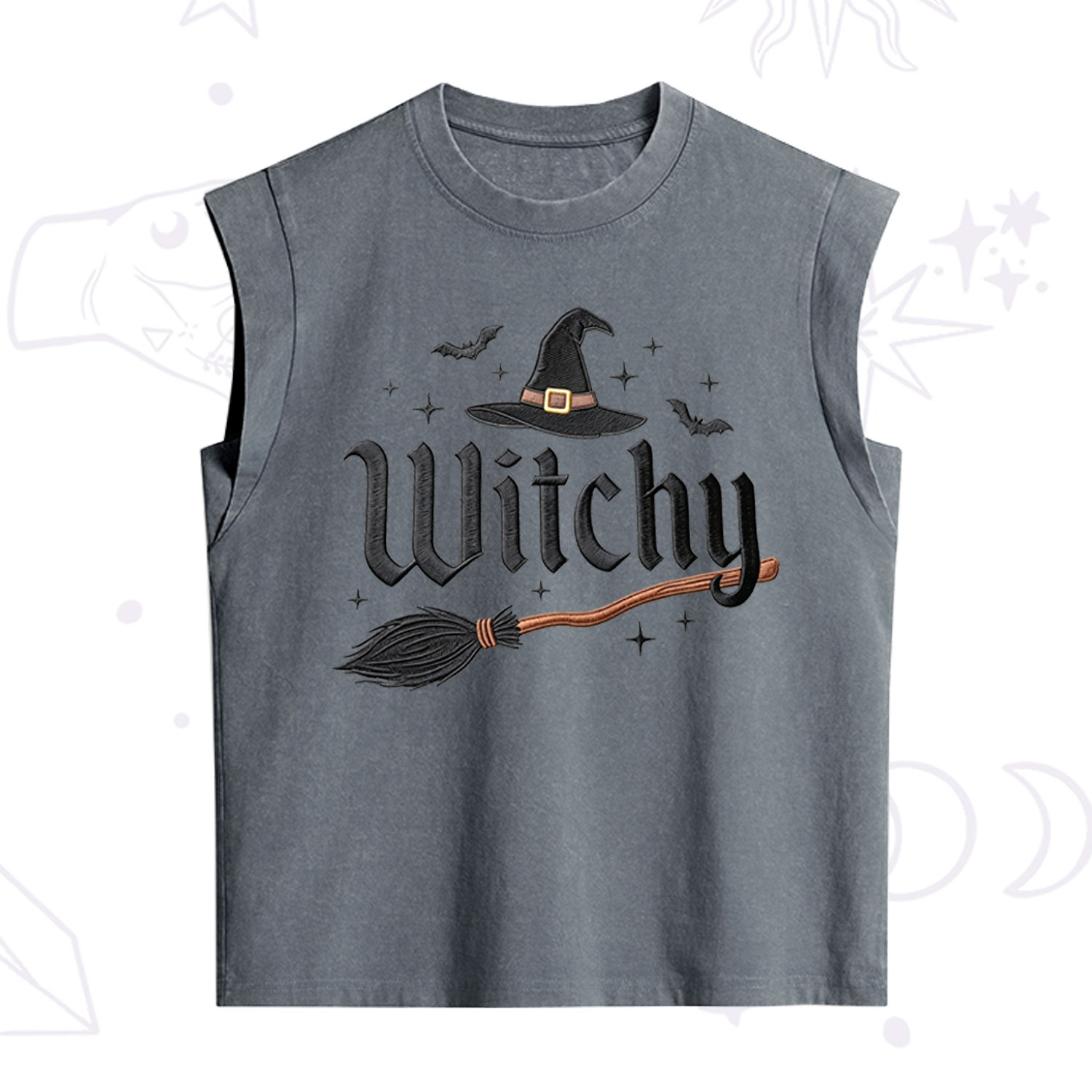 Purplehecate Bat and Broomstick Witch Embroidered Vintage Washed Tank
