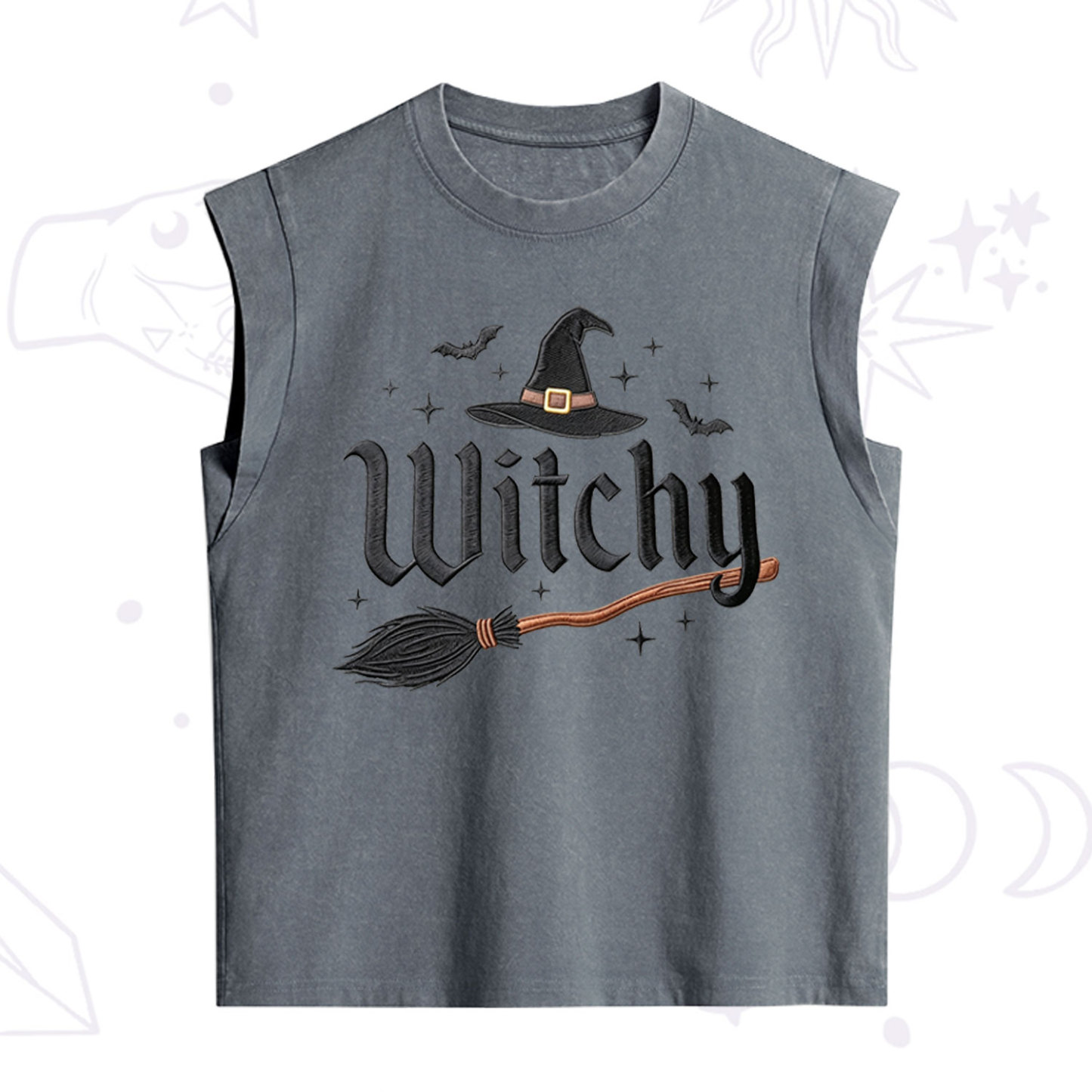 Purplehecate Bat and Broomstick Witch Embroidered Vintage Washed Tank