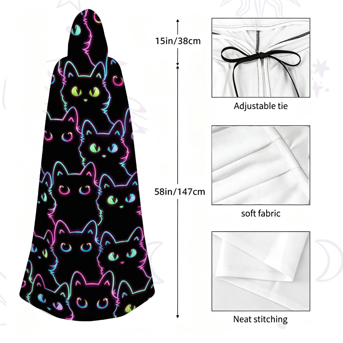 Purplehecate Neon Glow Stacked Cats Hooded Cloak