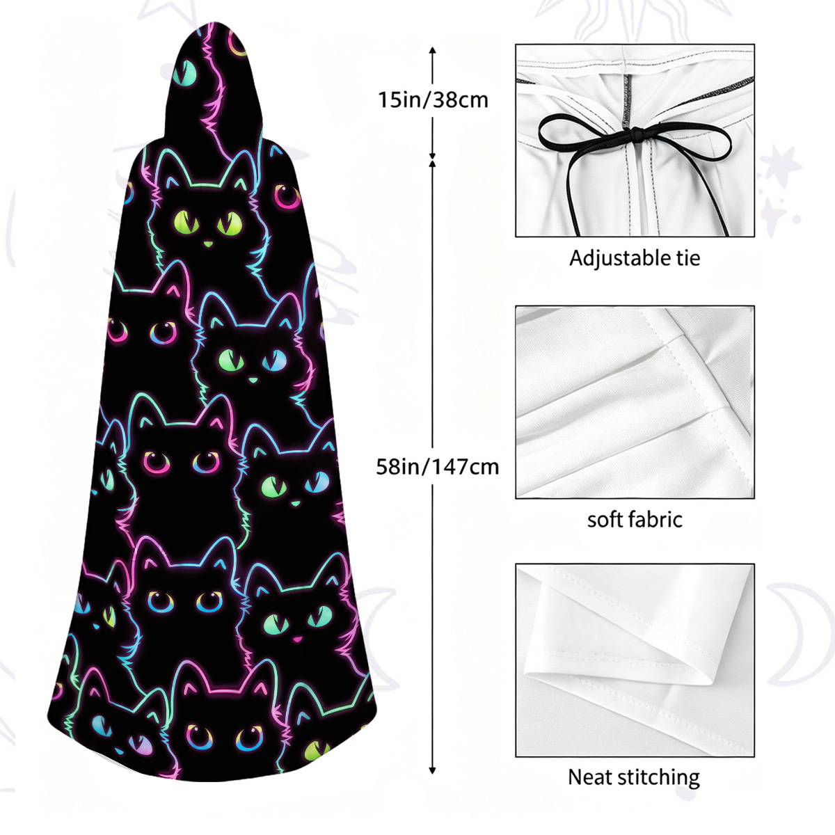 Purplehecate Neon Glow Stacked Cats Hooded Cloak