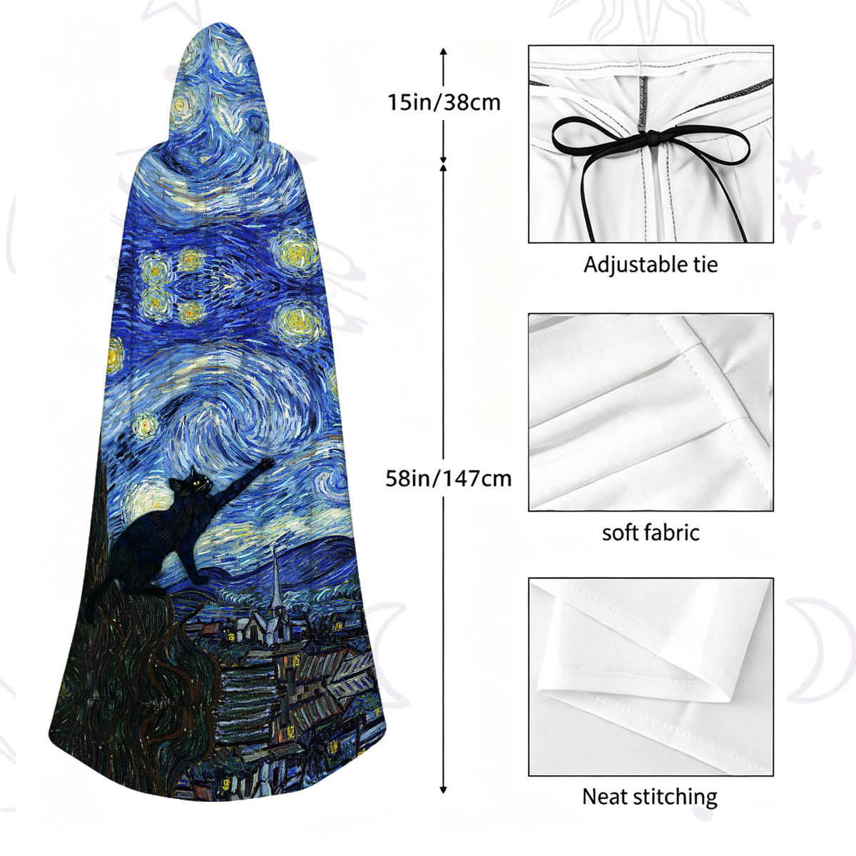 Purplehecate Witch Cat Under the Starry Night Hooded Cloak