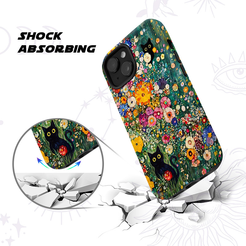 Purplehecate Fluffy Black Cat in Colorful Flower Field Phone Case