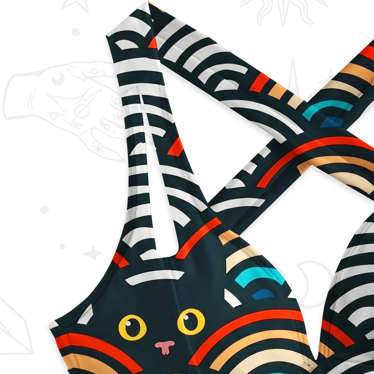 Purplehecate Rainbow Black Cat Waves One-Piece Swimsuit