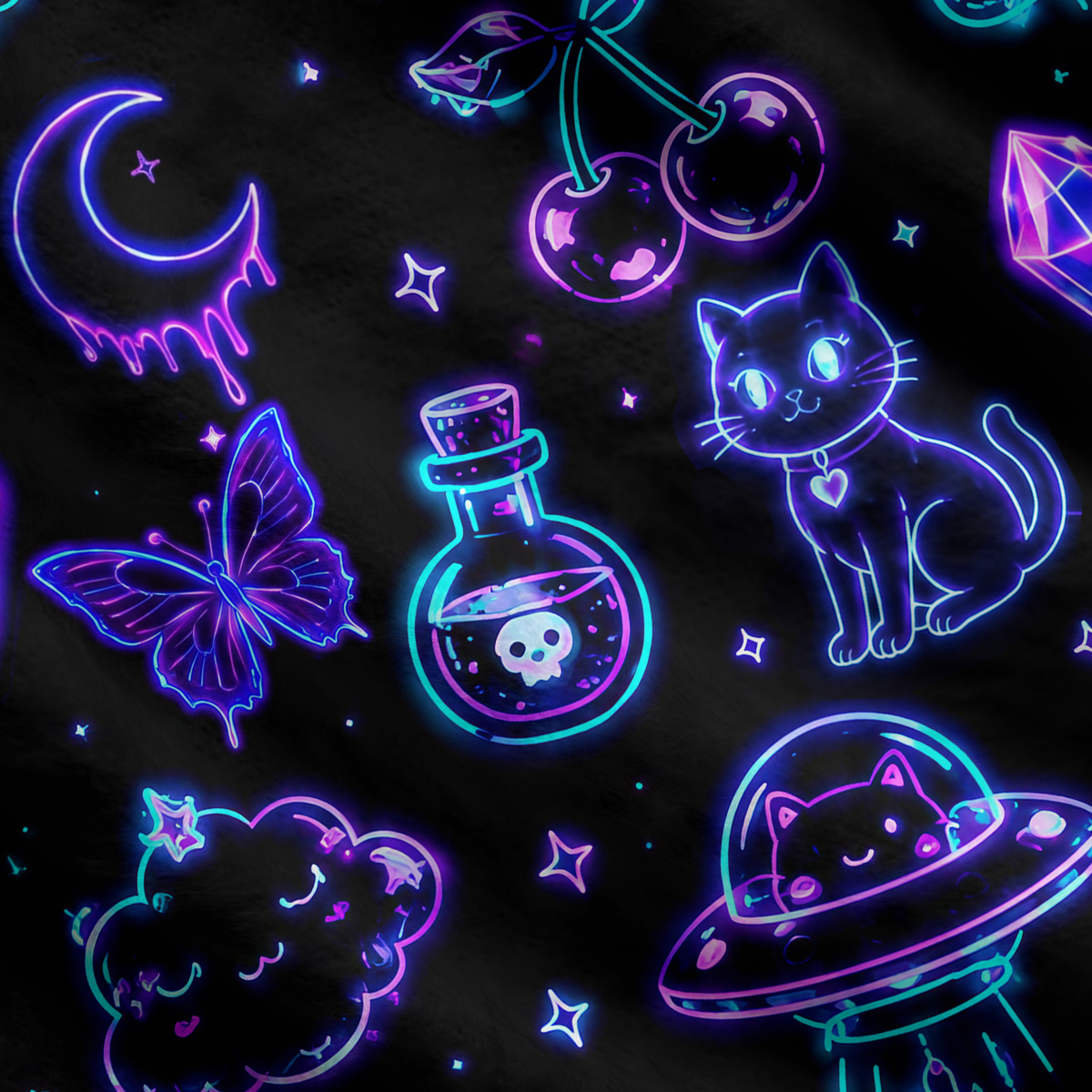 Purplehecate Neon Cosmic Cat Ugly Cardigan Sweaters