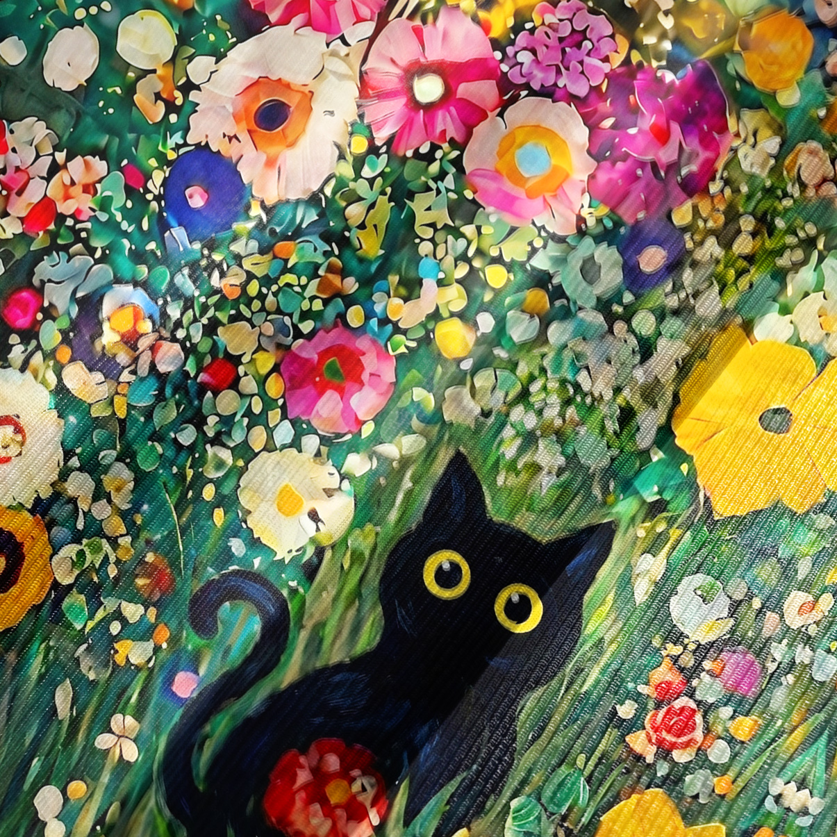 Purplehecate Fluffy Black Cat in Colorful Flower Field Bell Sleeve Dress