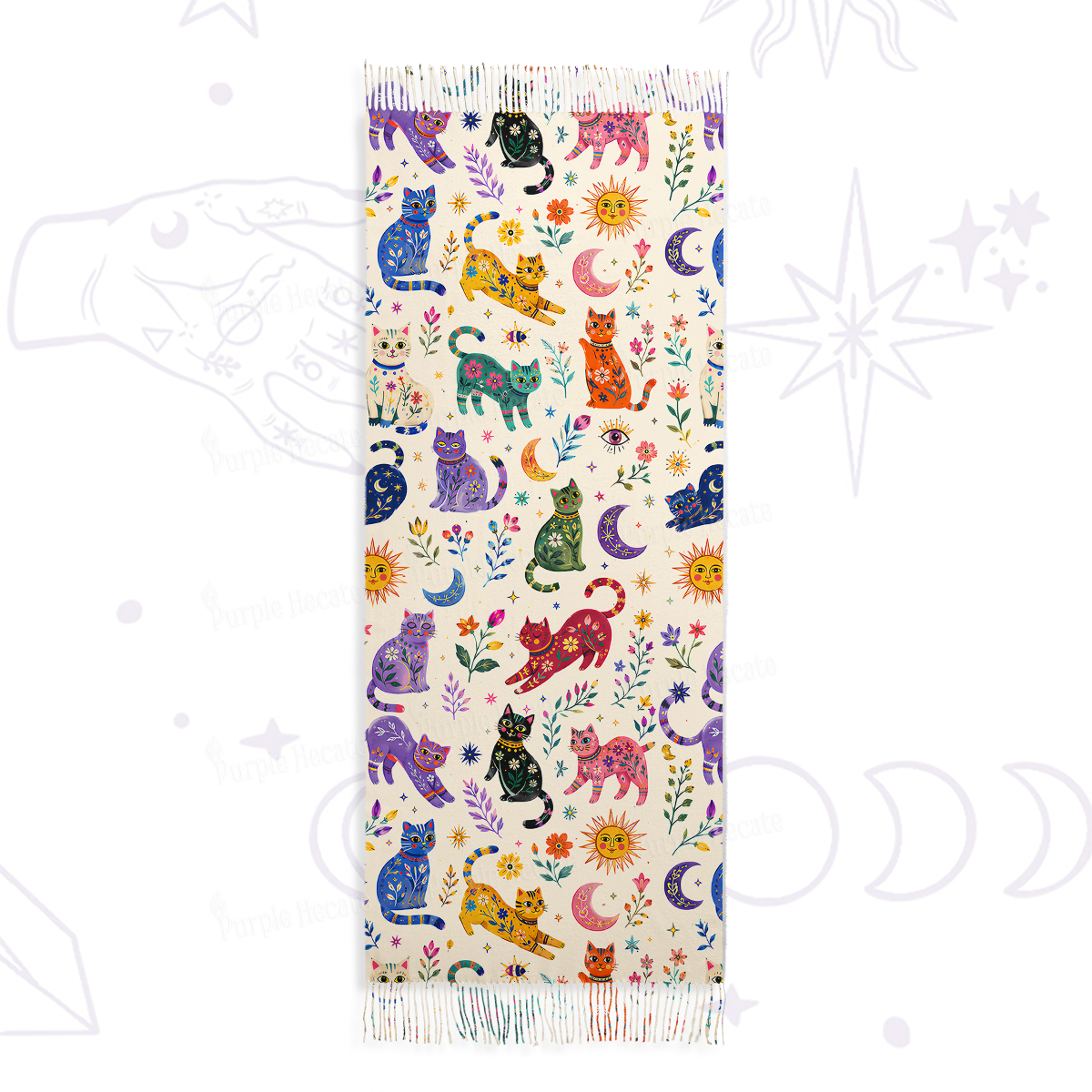 Purplehecate Rainbow Magic Cats Printed Fringe Scarf