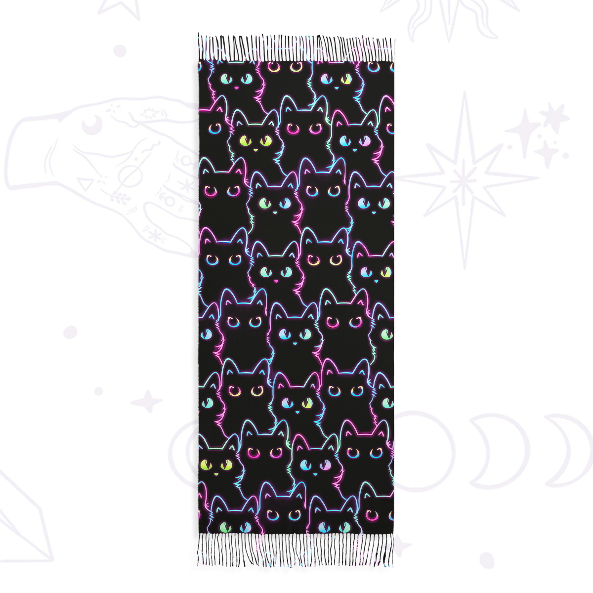 Purplehecate Neon Glow Stacked Cats Printed Fringe Scarf