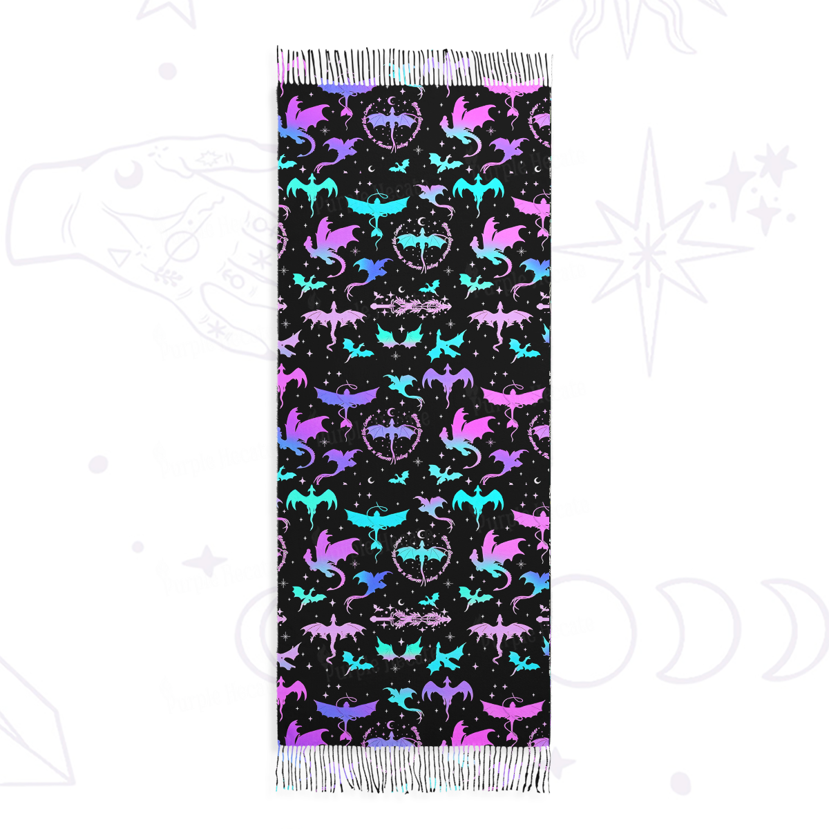 Purplehecate Neon Fantasy Dragon Allover Printed Fringe Scarf