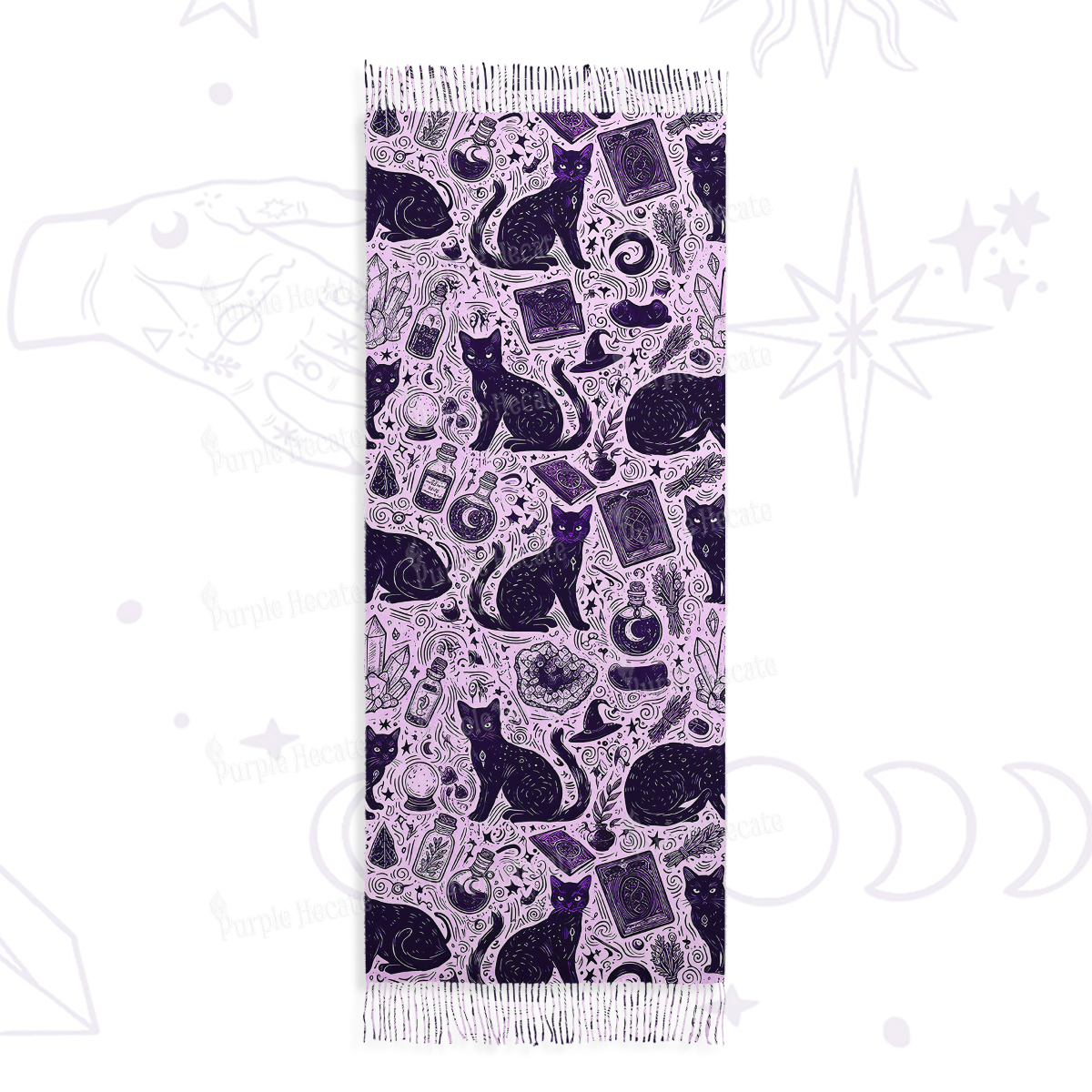 Purplehecate Midnight Black Cat Witch Potion Printed Fringe Scarf