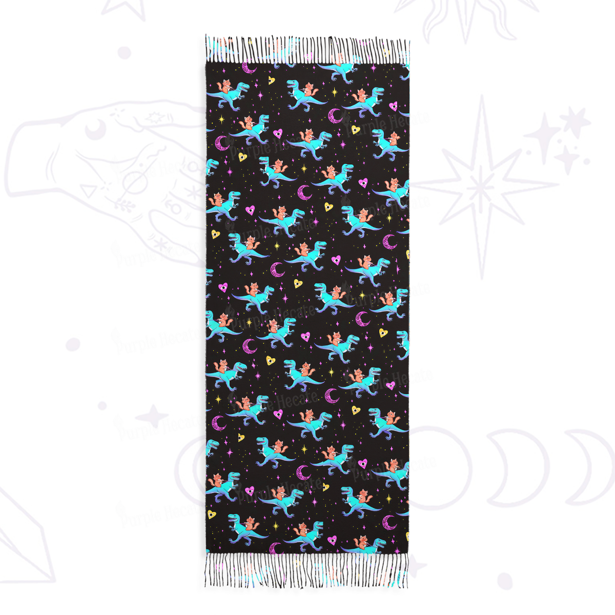 Purplehecate Witch Cat Rides the Dino Printed Fringe Scarf