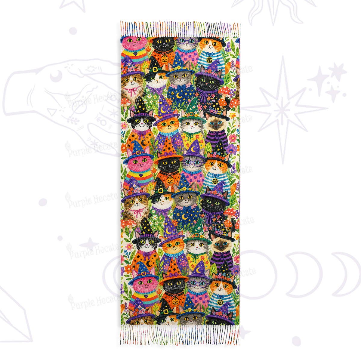 Purplehecate Witchy Meow-Meow Gathering Printed Fringe Scarf