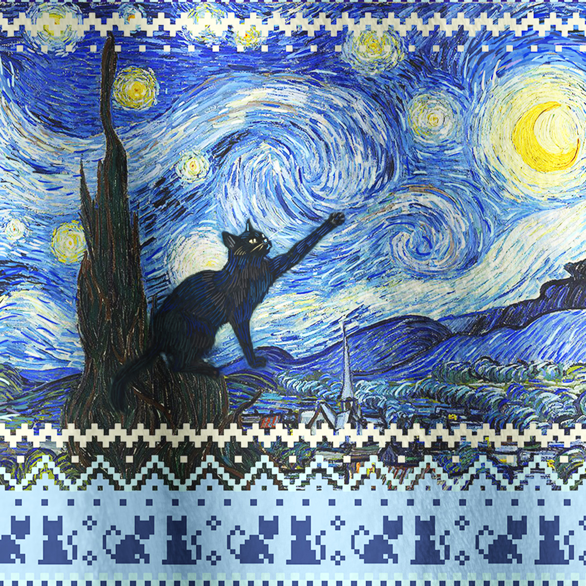 Purplehecate Witch Cat Under the Starry Night Full Zip Fleece Jacket