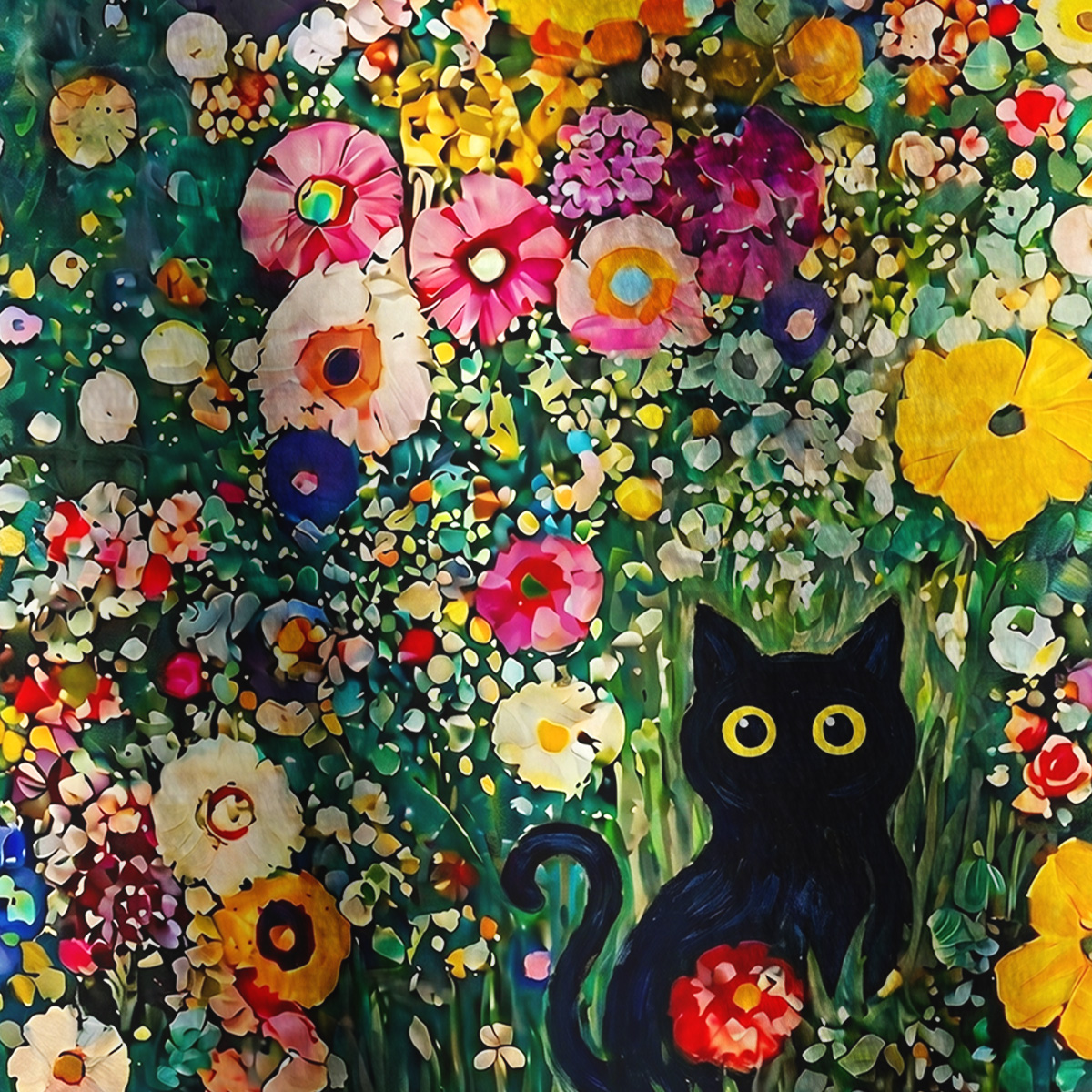 Purplehecate Fluffy Black Cat in Colorful Flower Field Full Zip Fleece Jacket