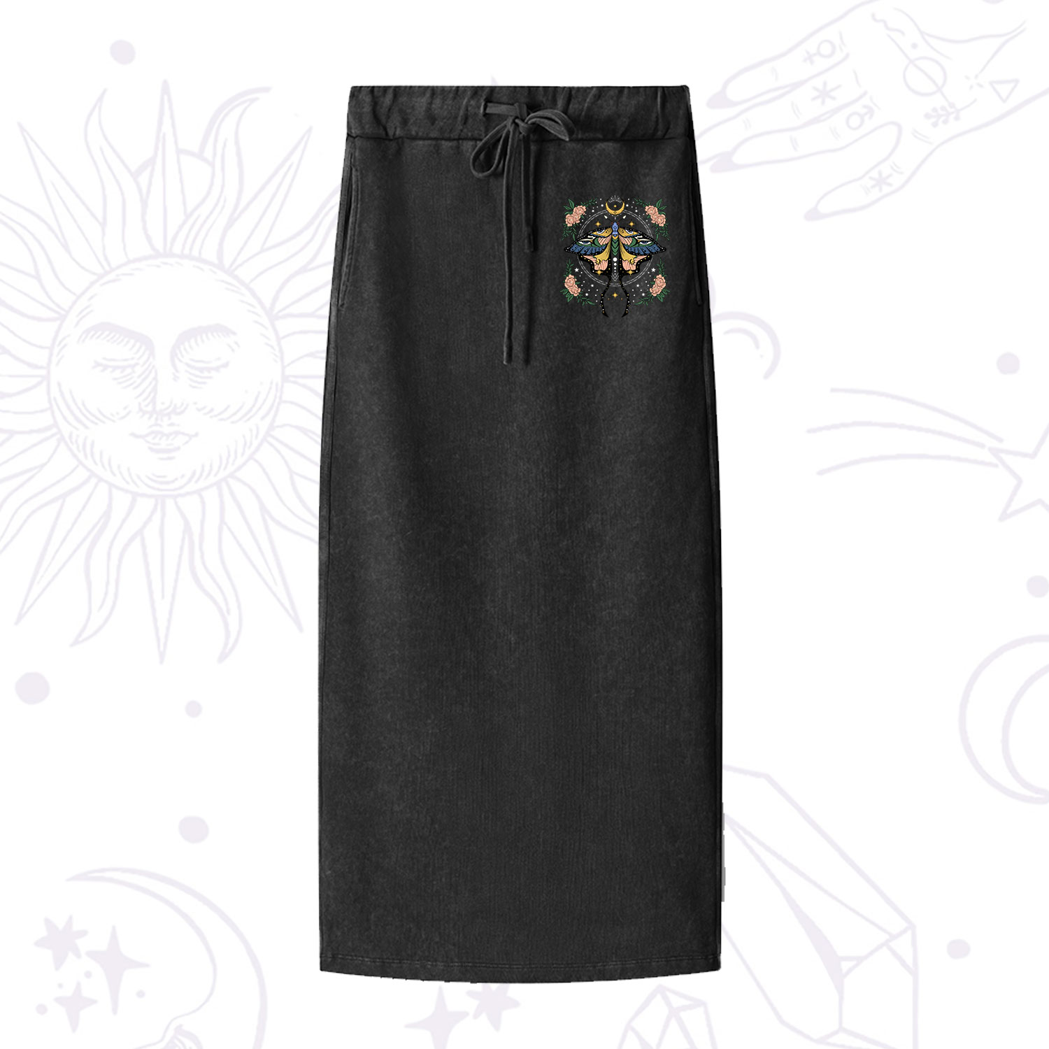 Purplehecate Mystical Moth Washed Drawstring Long Skirt