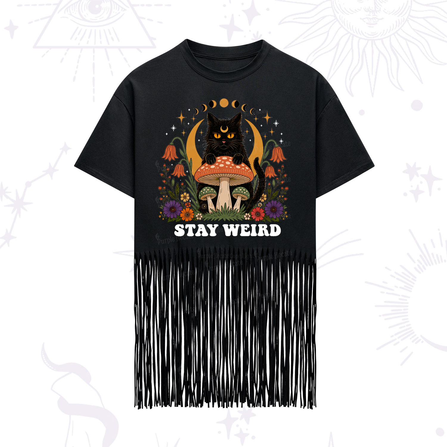 Purplehecate Stay Weird Black Cat Fringe Hem T-Shirt