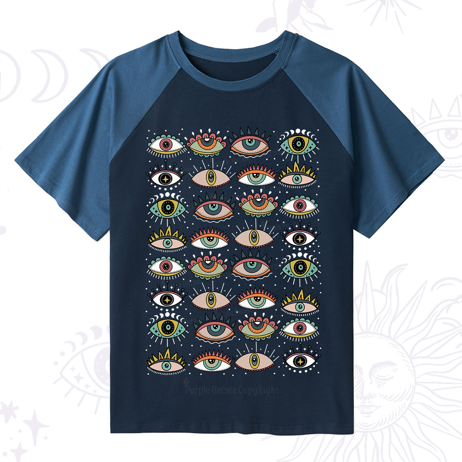 Purplehecate Evil Eye Pattern Raglan Short Sleeve T‑Shirt
