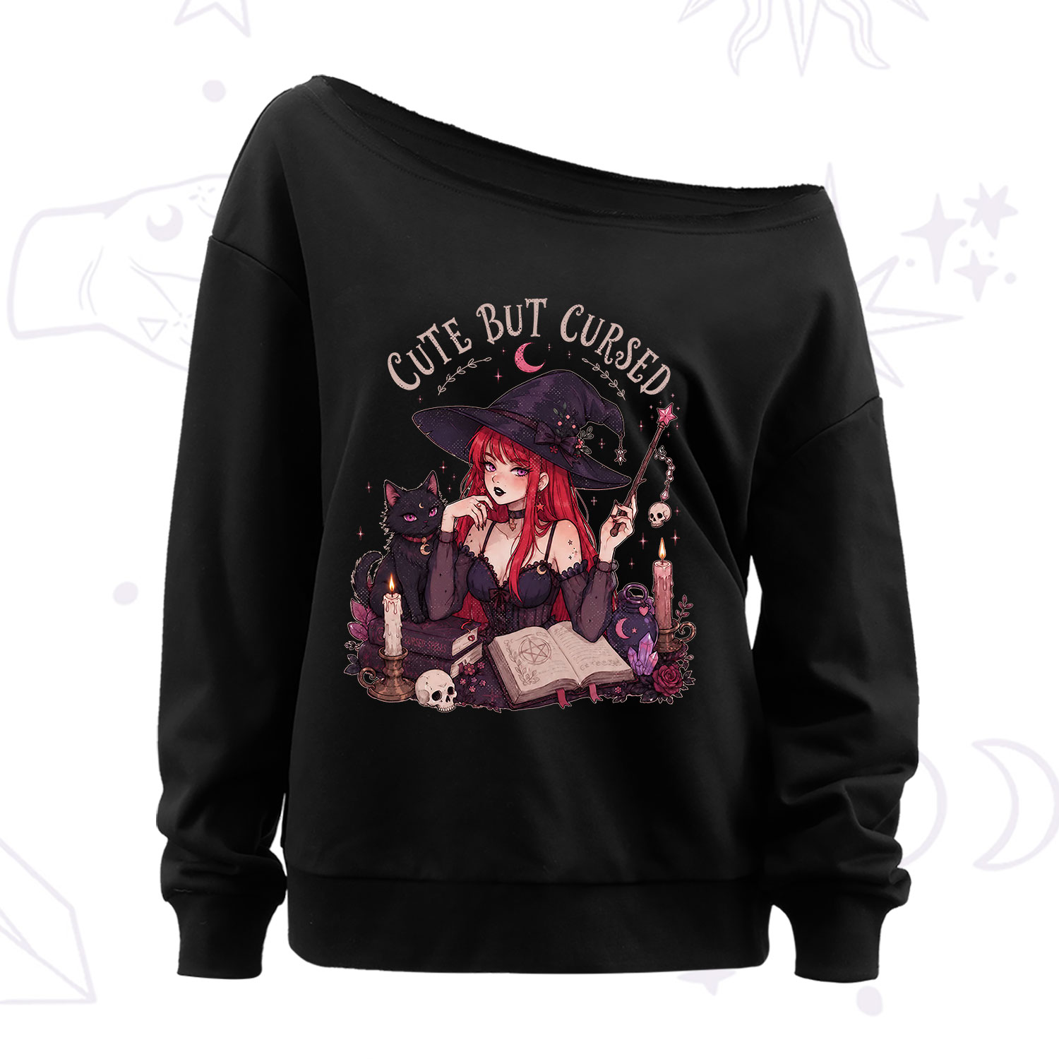Purplehecate Cute But Cursed Witch Off The Shoulder Sweatshirt