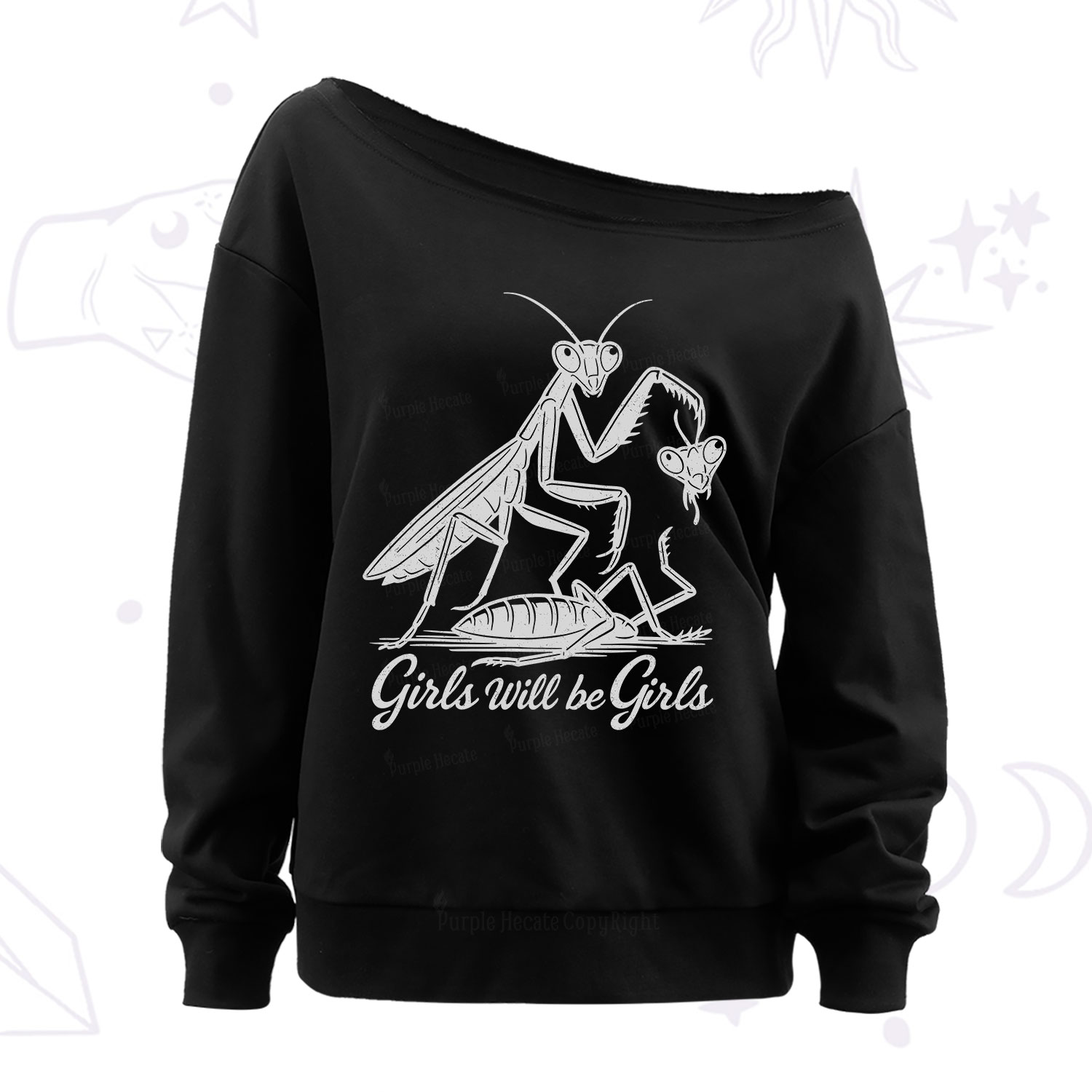 Purplehecate Girls Will Be Girls Praying Mantis Off The Shoulder Sweatshirt