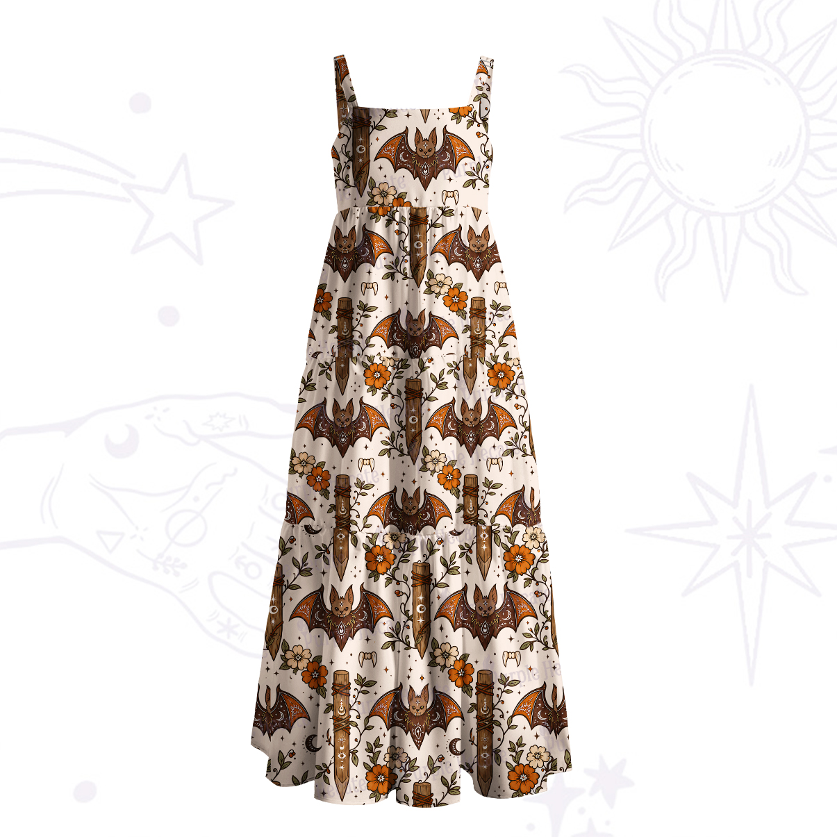 Purplehecate Rustic Bat and Wooden Stakes Wide Straps Maxi Dress