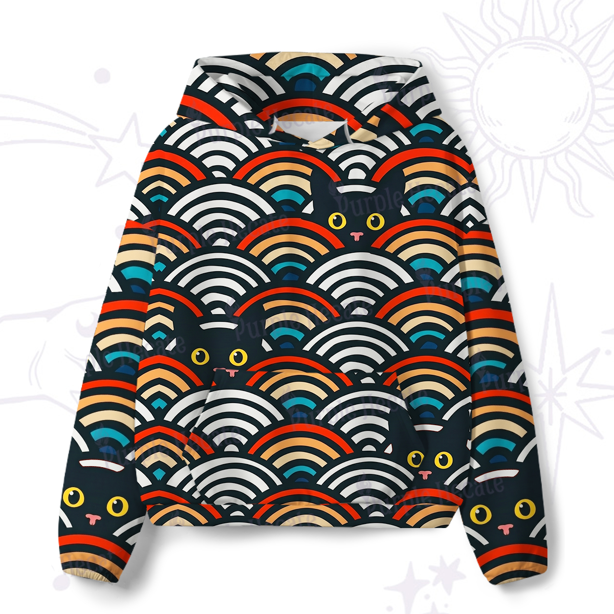 Purplehecate Rainbow Black Cat Waves All-Over Print Hoodie
