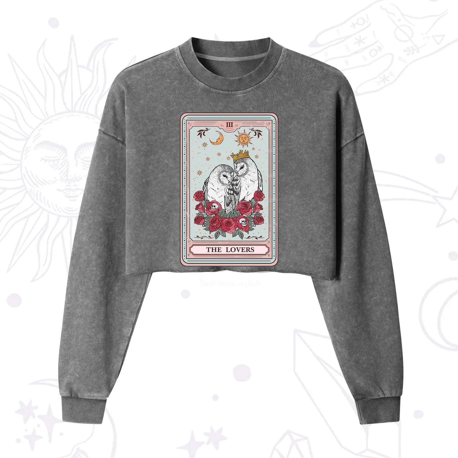 Purplehecate The Lovers Owls Tarot Card Cropped Washed Sweatshirt