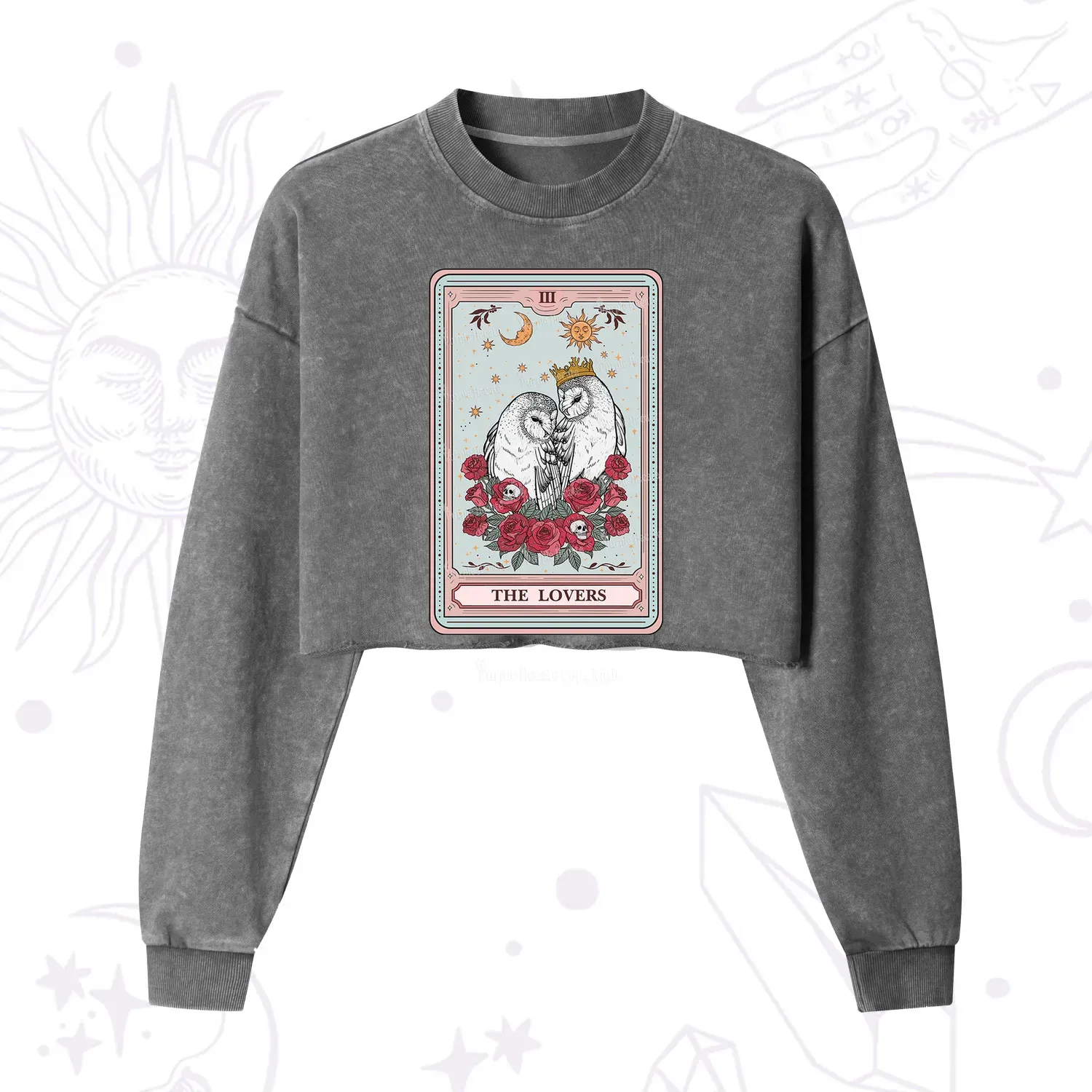 Purplehecate The Lovers Owls Tarot Card Cropped Washed Sweatshirt