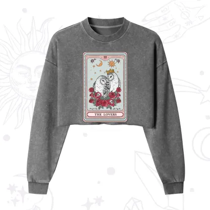 Purplehecate The Lovers Owls Tarot Card Cropped Washed Sweatshirt