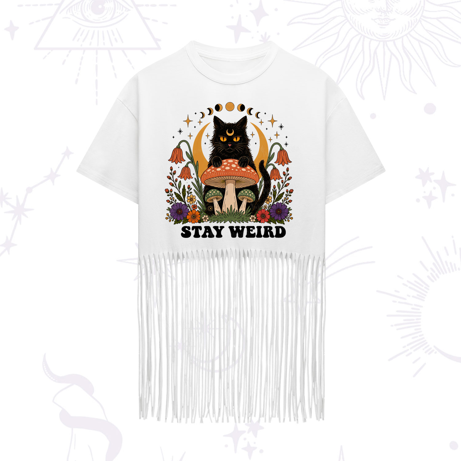 Purplehecate Stay Weird Black Cat Fringe Hem T-Shirt