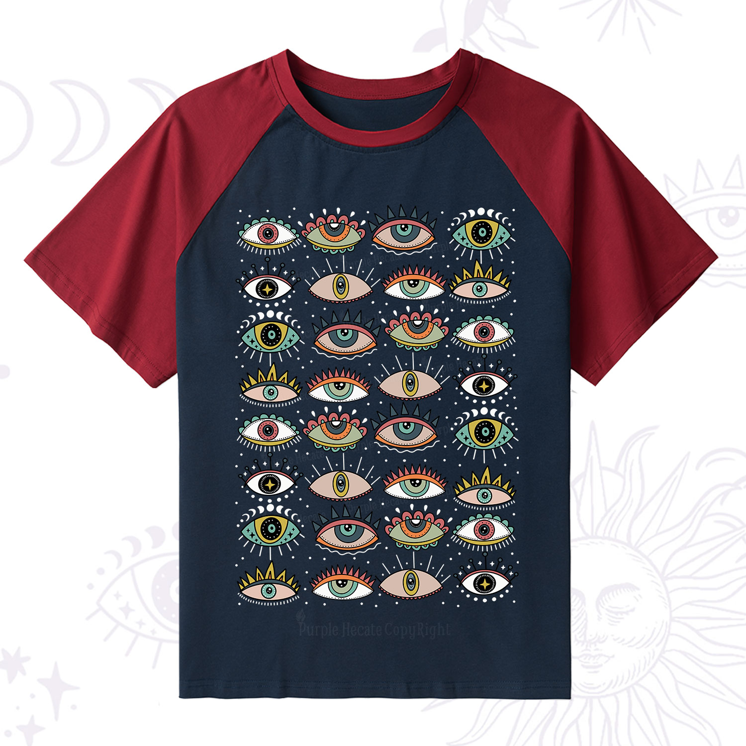 Purplehecate Evil Eye Pattern Raglan Short Sleeve T‑Shirt